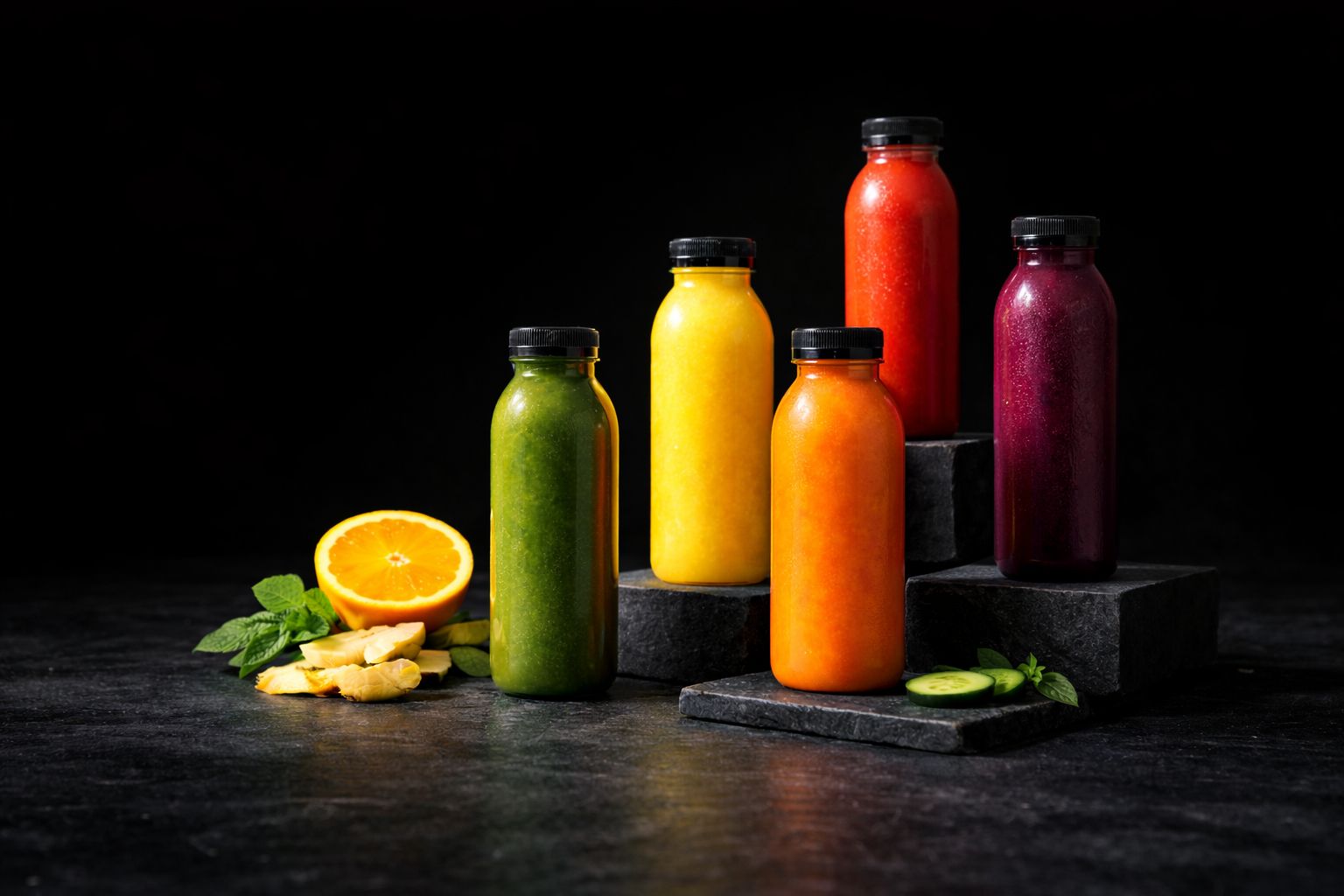 Assorted Slimmish Ltd cold-pressed juice bottles on a fresh background.