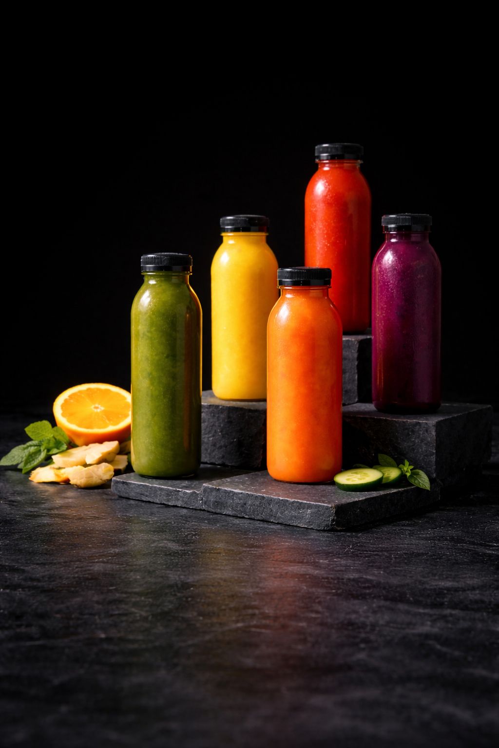 Assorted Slimmish Ltd cold-pressed juice bottles on a fresh background.